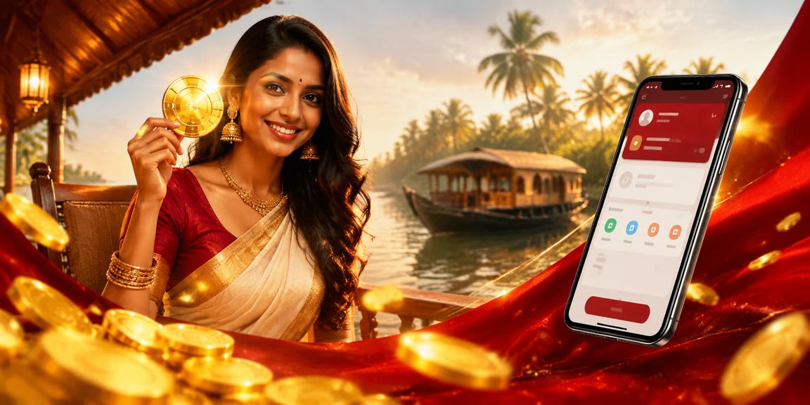 Scenic Kerala backwaters with festive red and gold overlay
